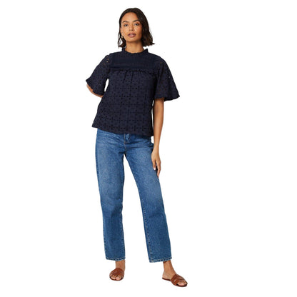 Navy - Side - Dorothy Perkins Womens-Ladies Victorian Broderie Short-Sleeved Top
