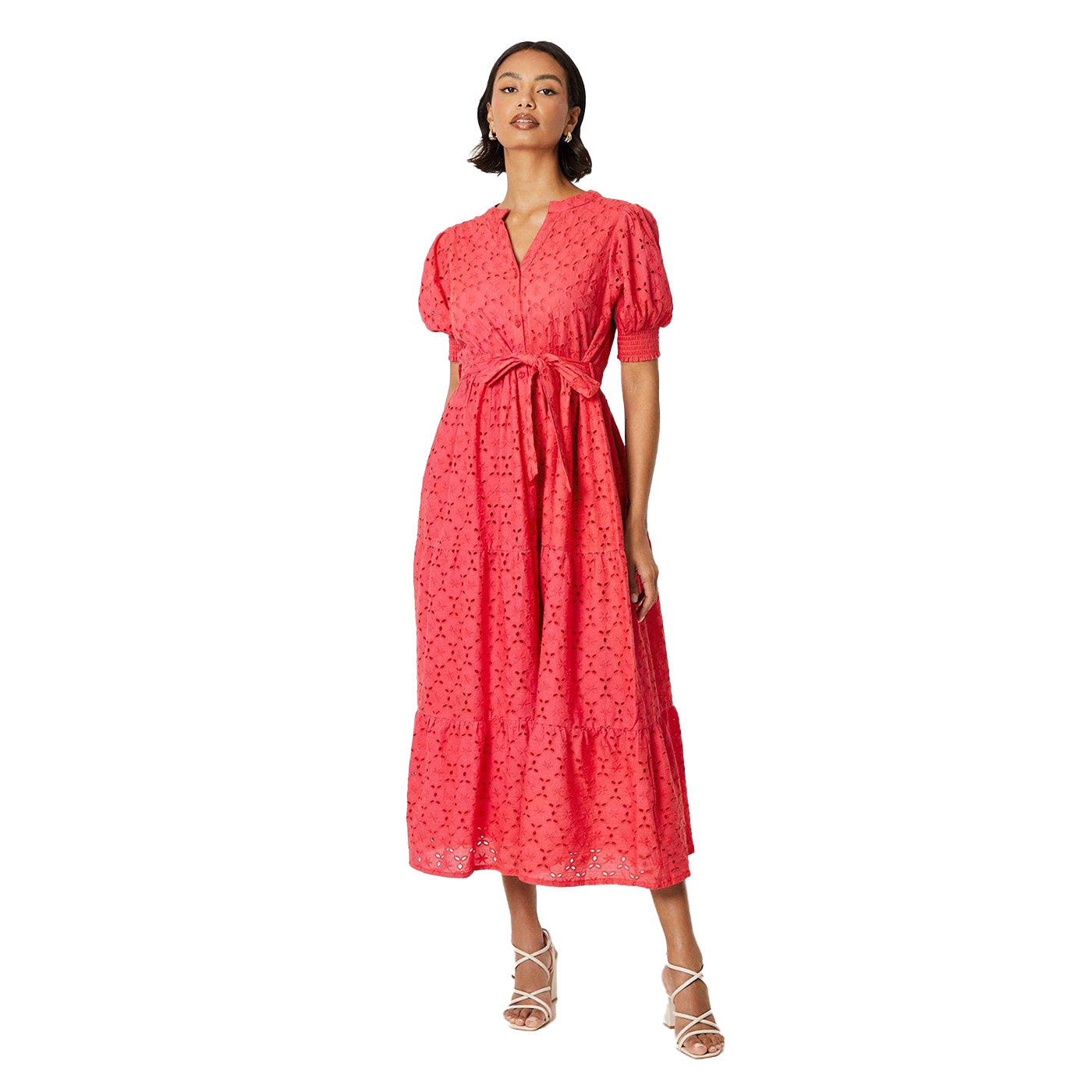 Hot Pink - Front - Dorothy Perkins Womens-Ladies Broderie Belt Midi Shirt Dress