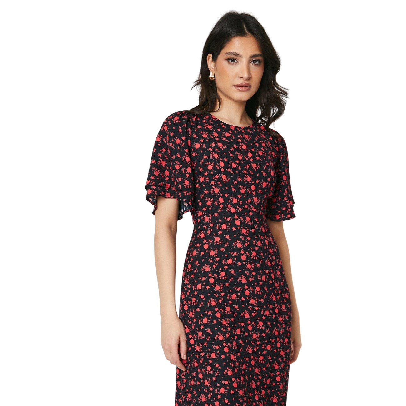 Pink - Side - Dorothy Perkins Womens-Ladies Ditsy Print Angel Sleeve Midi Dress