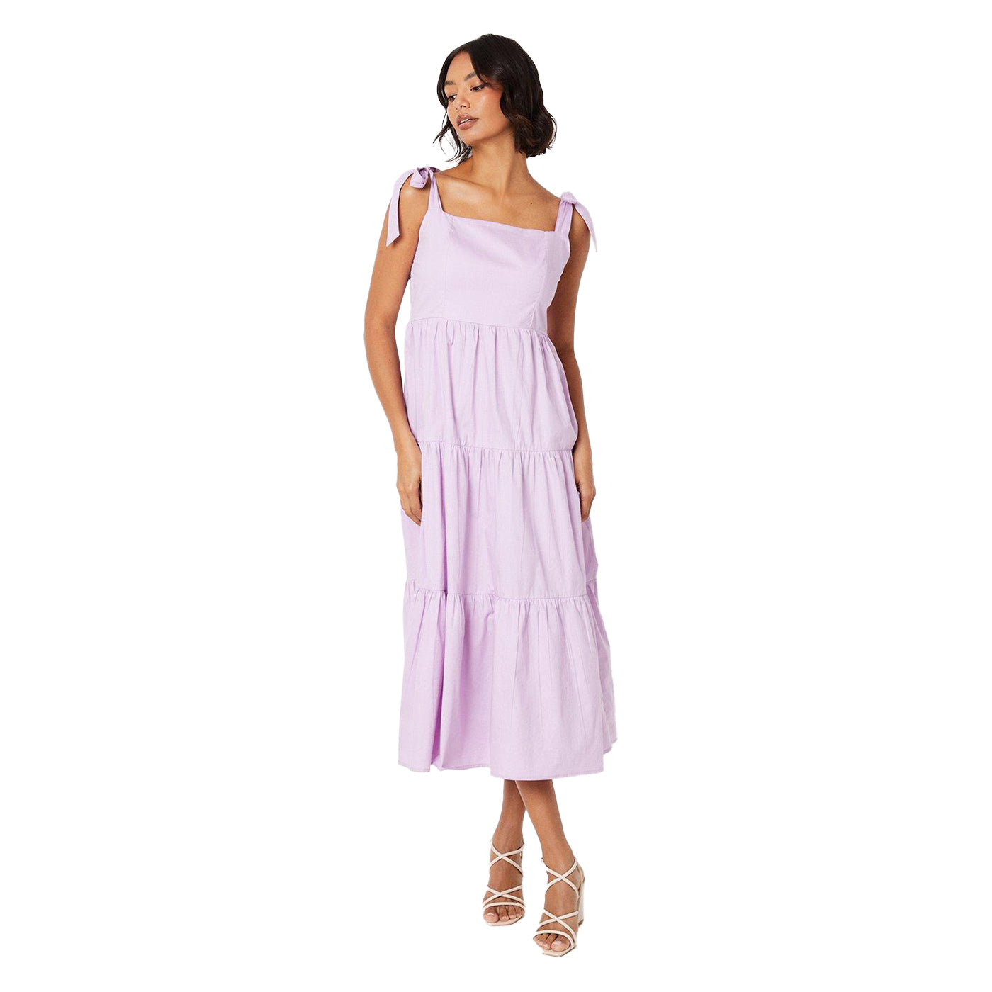 Lilac - Front - Dorothy Perkins Womens-Ladies Tiered Tie Shoulder Midi Dress
