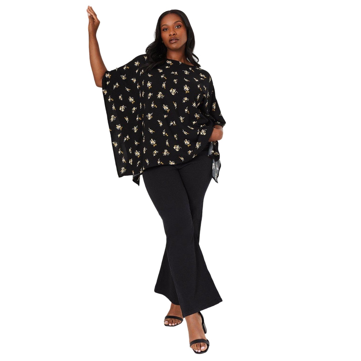 Black - Side - Dorothy Perkins Womens-Ladies Ditsy Print Hanky Hem Plus Top