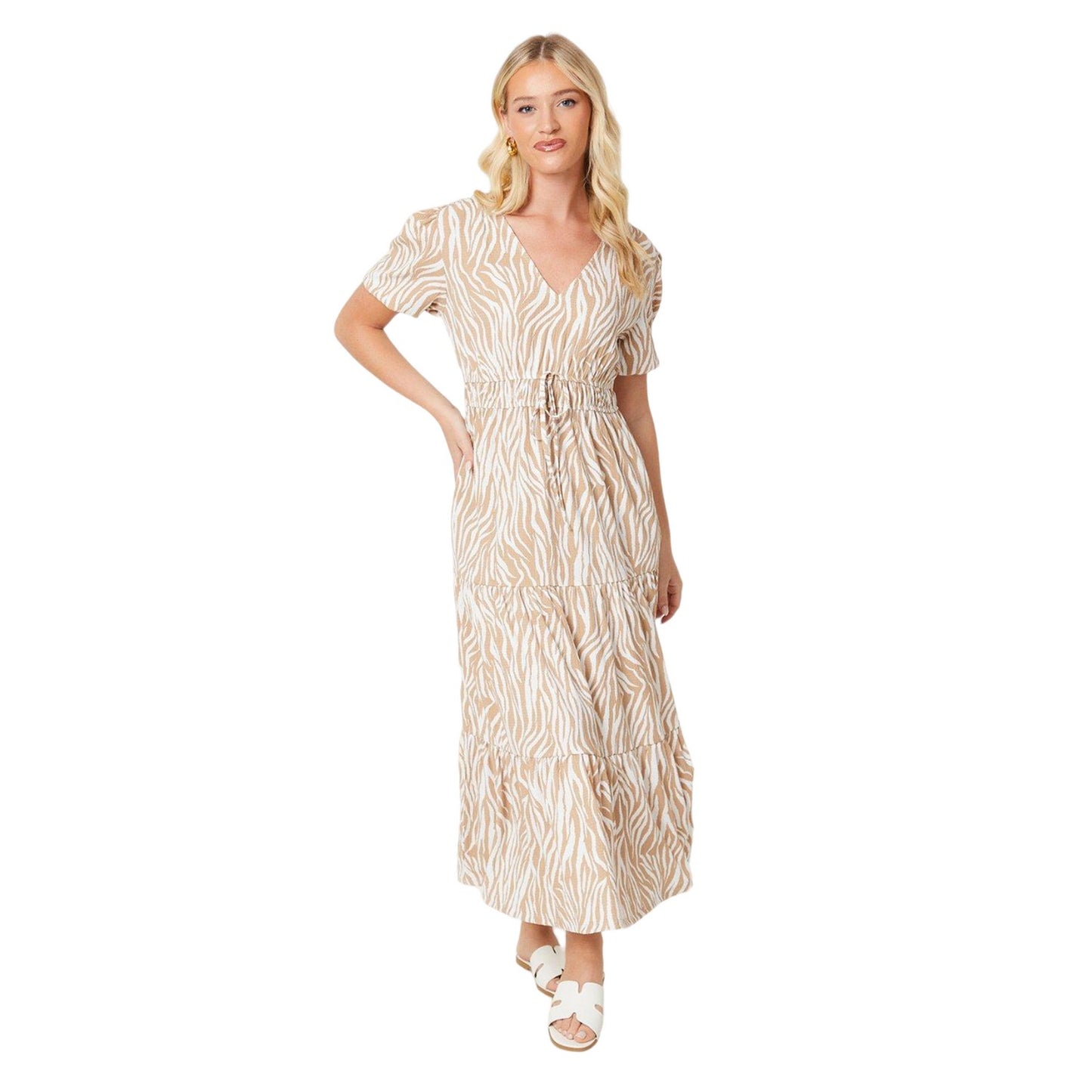 Brown-White - Front - Dorothy Perkins Womens-Ladies Zebra Print V Neck Midi Dress