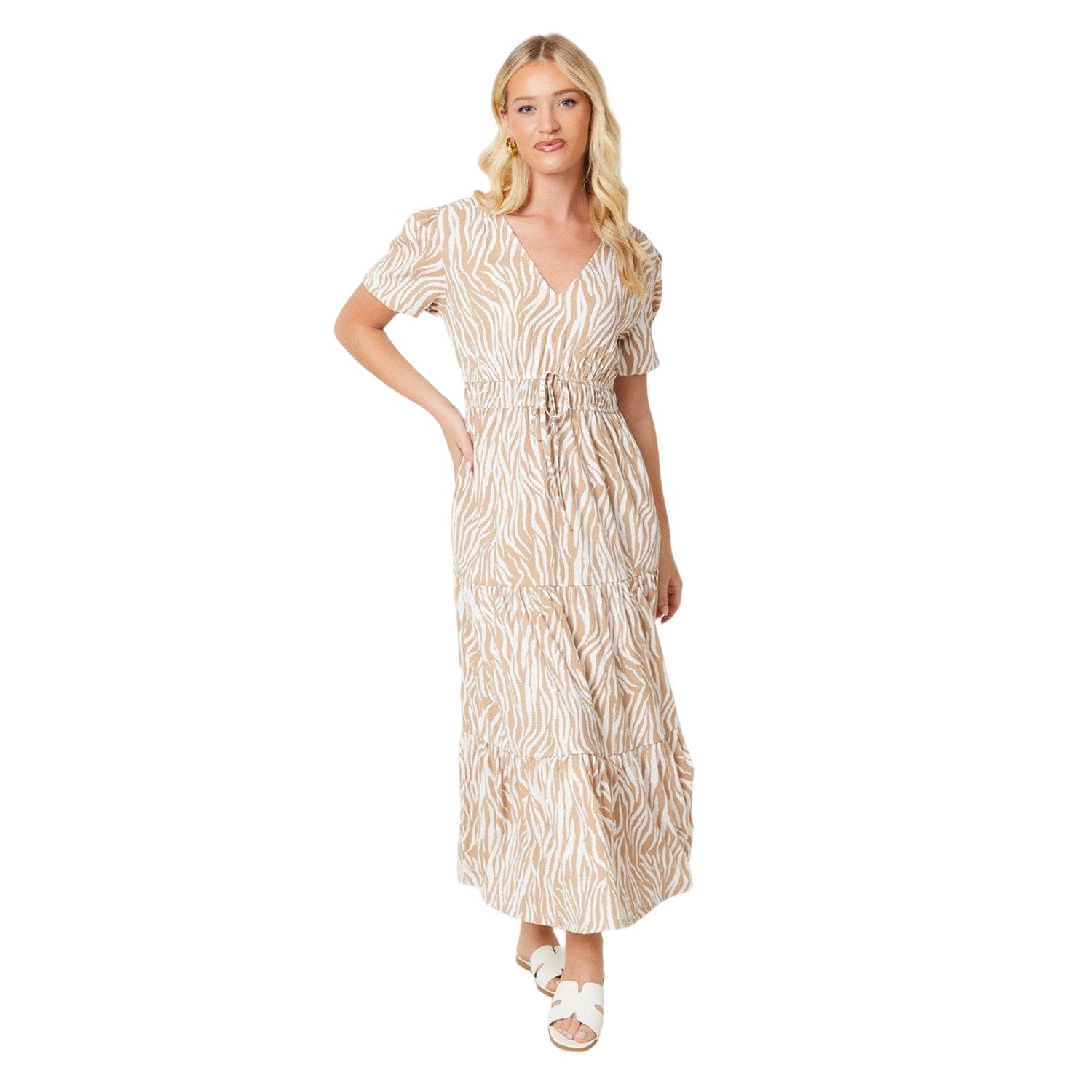 Brown-White - Front - Dorothy Perkins Womens-Ladies Zebra Print V Neck Midi Dress