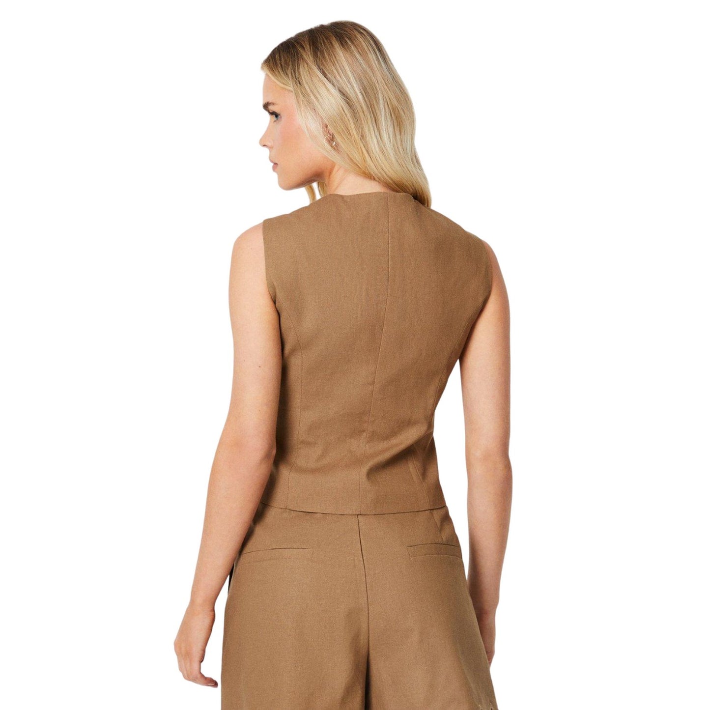Khaki Brown - Back - Dorothy Perkins Womens-Ladies Linen Petite Tailored Waistcoat