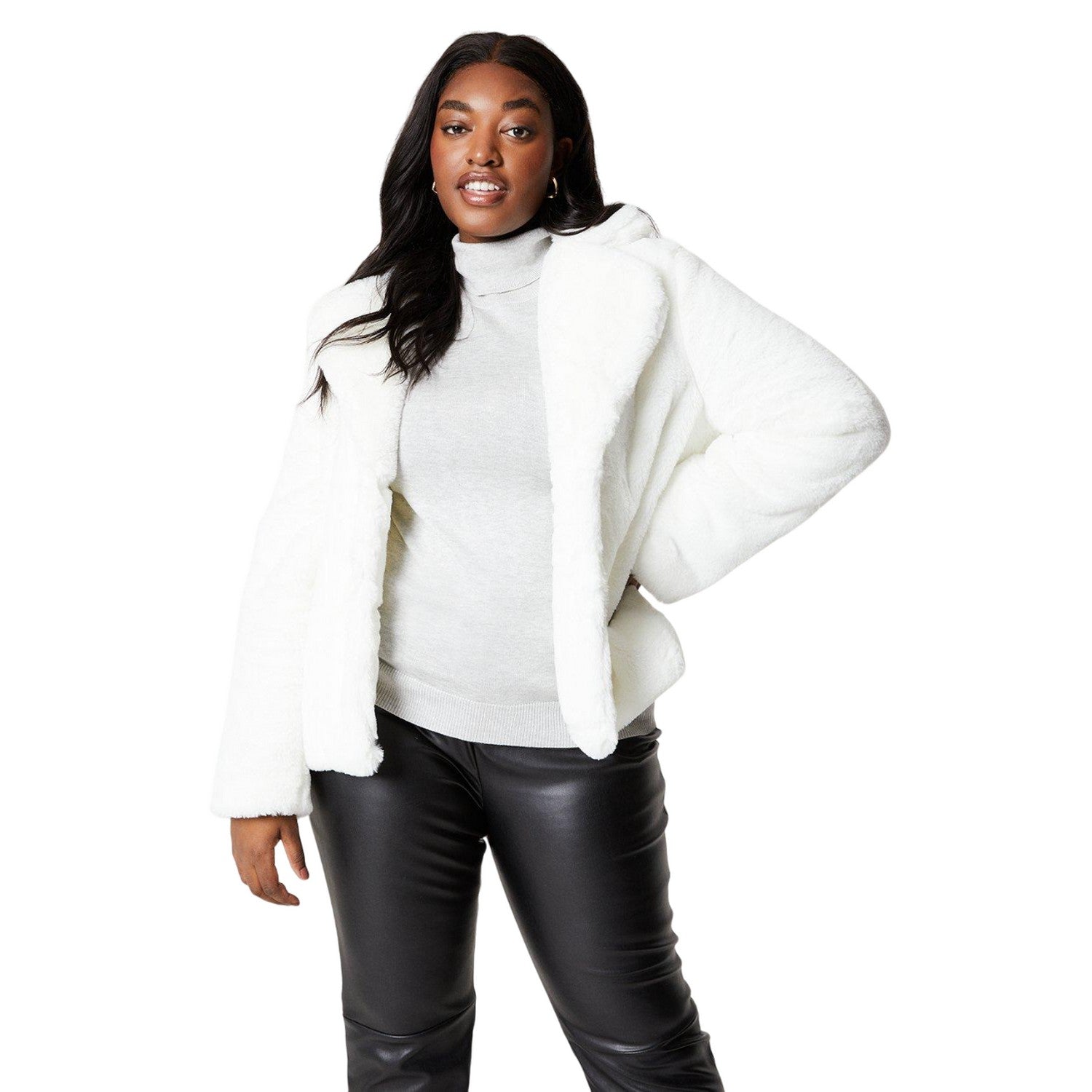 Cream - Front - Dorothy Perkins Womens-Ladies Faux Fur Single-Breasted Plus Coat