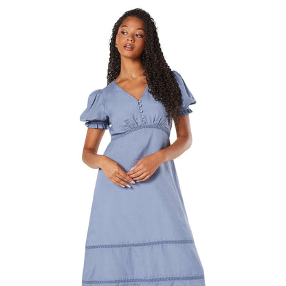 Blue - Side - Dorothy Perkins Womens-Ladies Broderie Button Front Petite Midi Dress