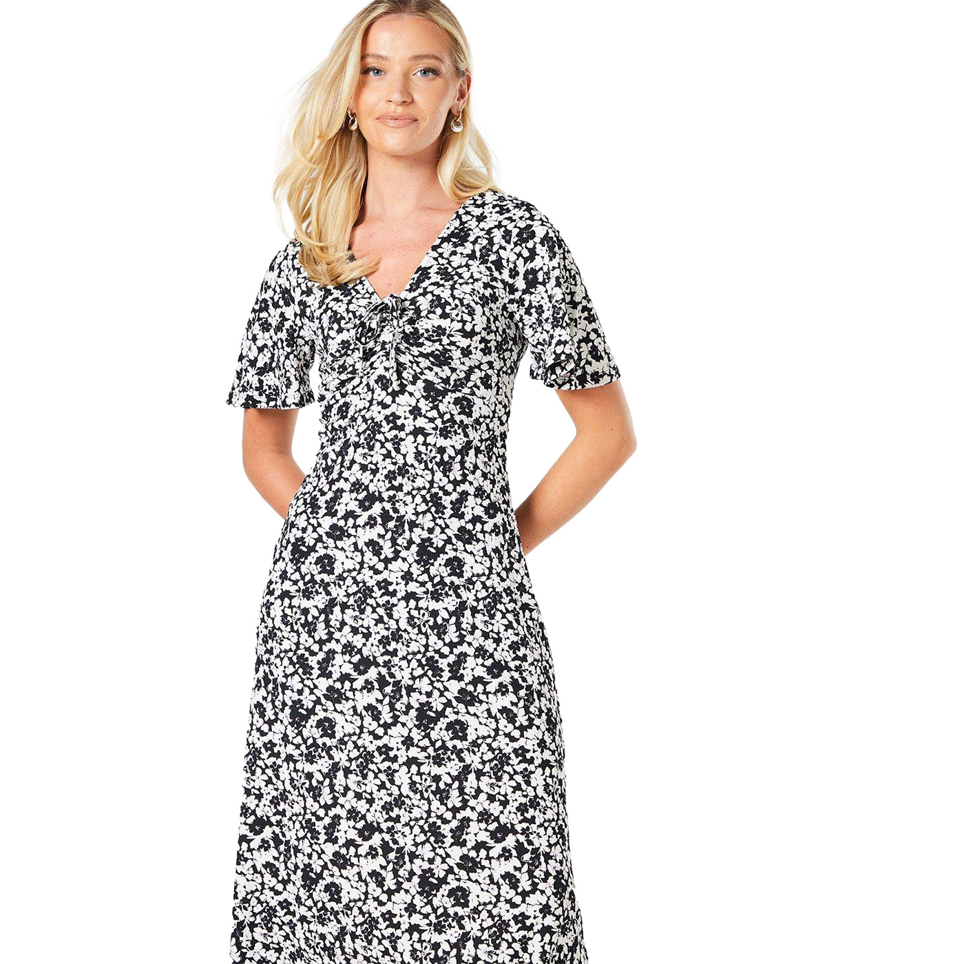 Monochrome - Lifestyle - Dorothy Perkins Womens-Ladies Ditsy Print Ruched Front Midi Dress