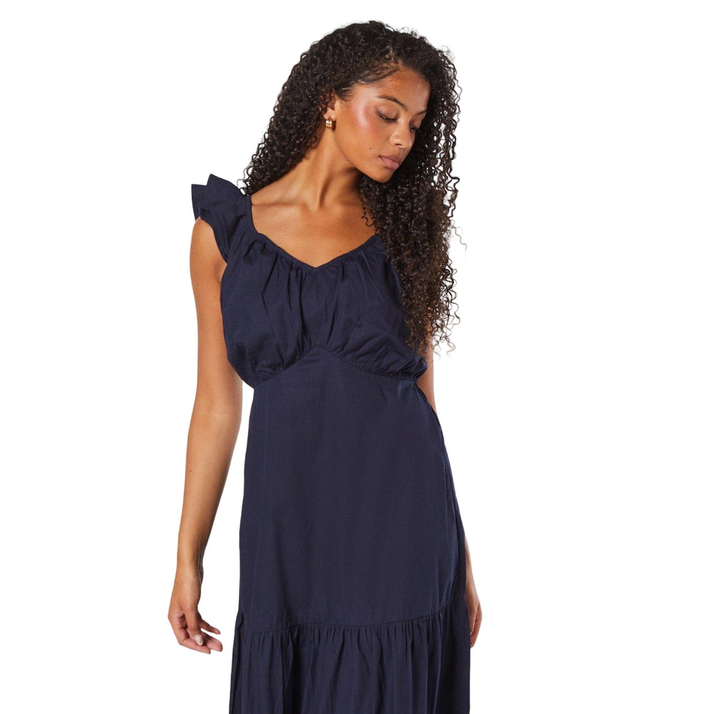 Navy - Side - Dorothy Perkins Womens-Ladies Poplin Tiered Tall Frill Midi Dress