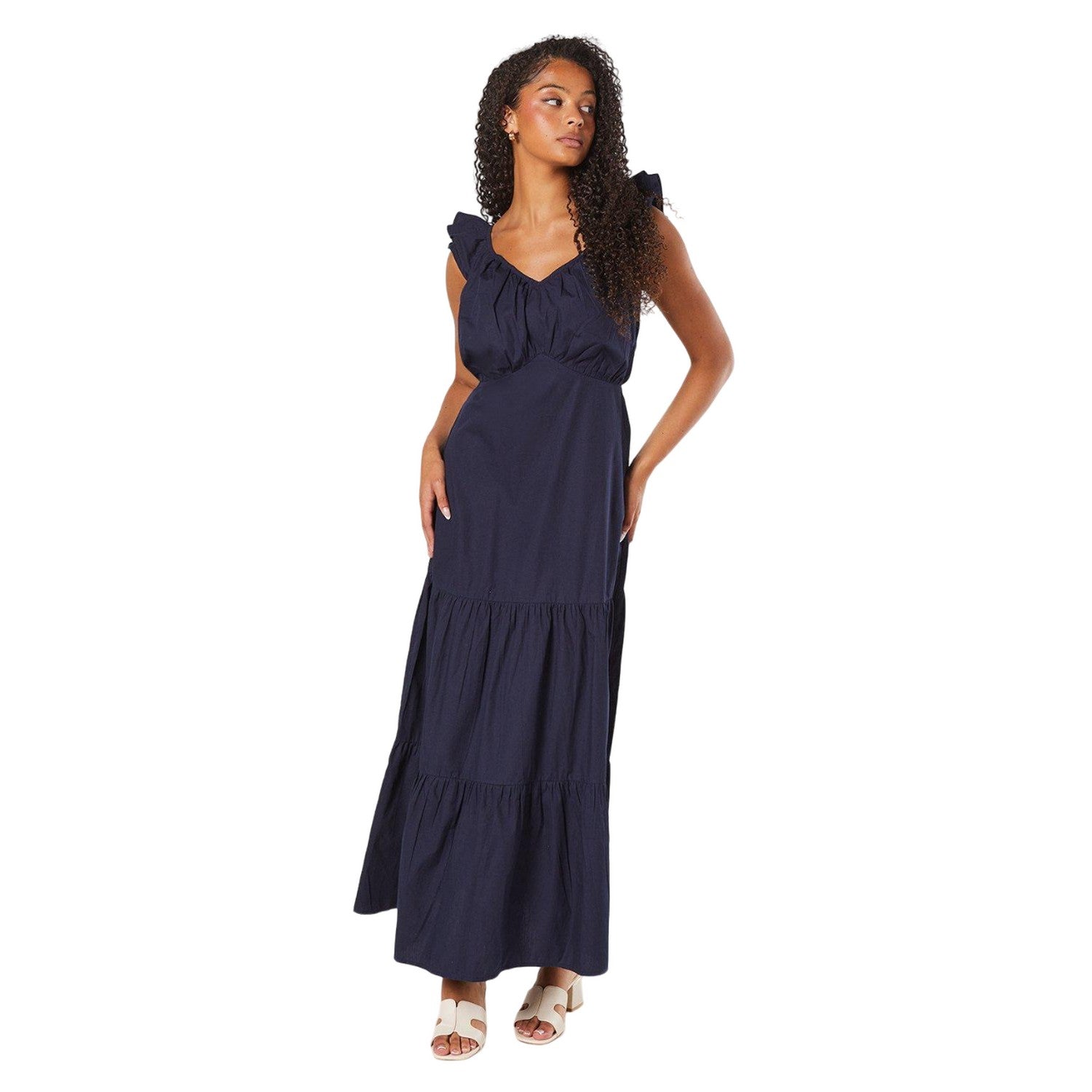 Navy - Front - Dorothy Perkins Womens-Ladies Poplin Tiered Tall Frill Midi Dress