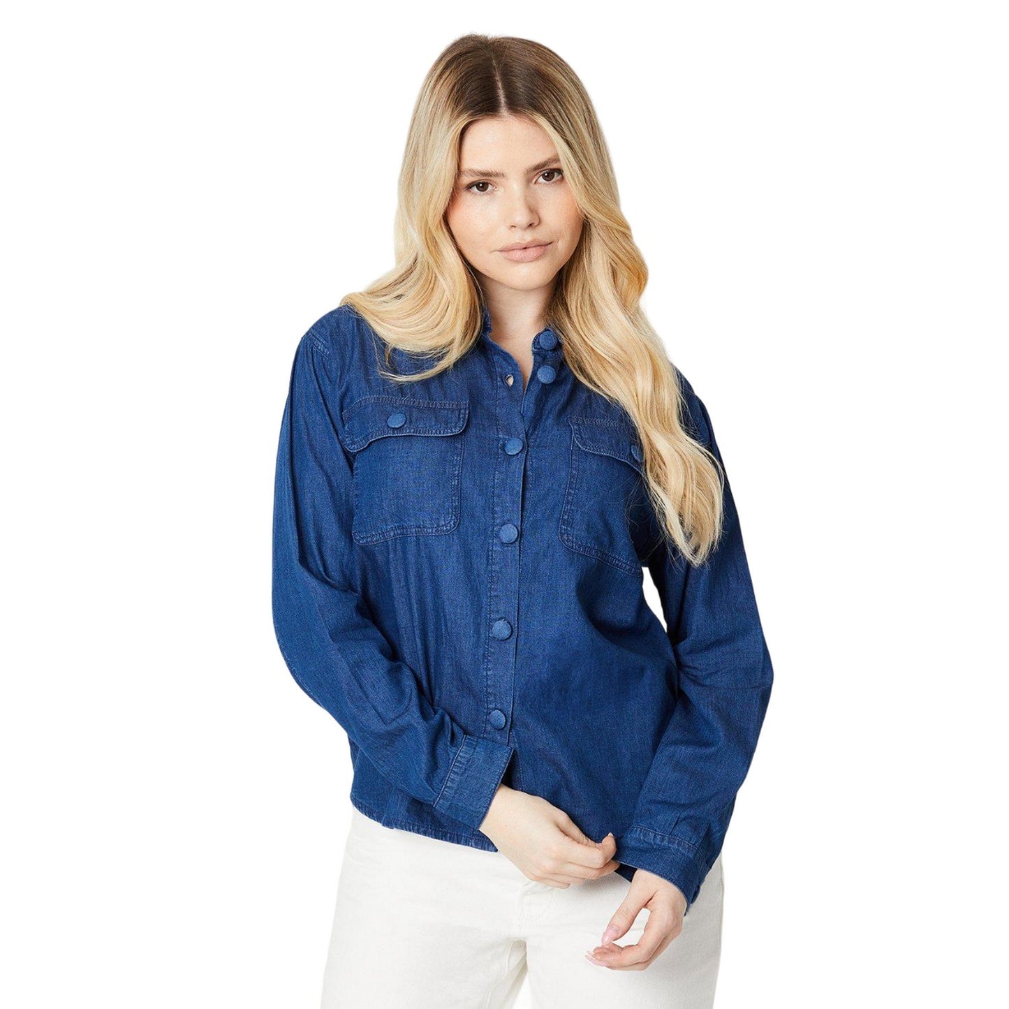 Mid Wash - Front - Dorothy Perkins Womens-Ladies Denim Pocket Shirt