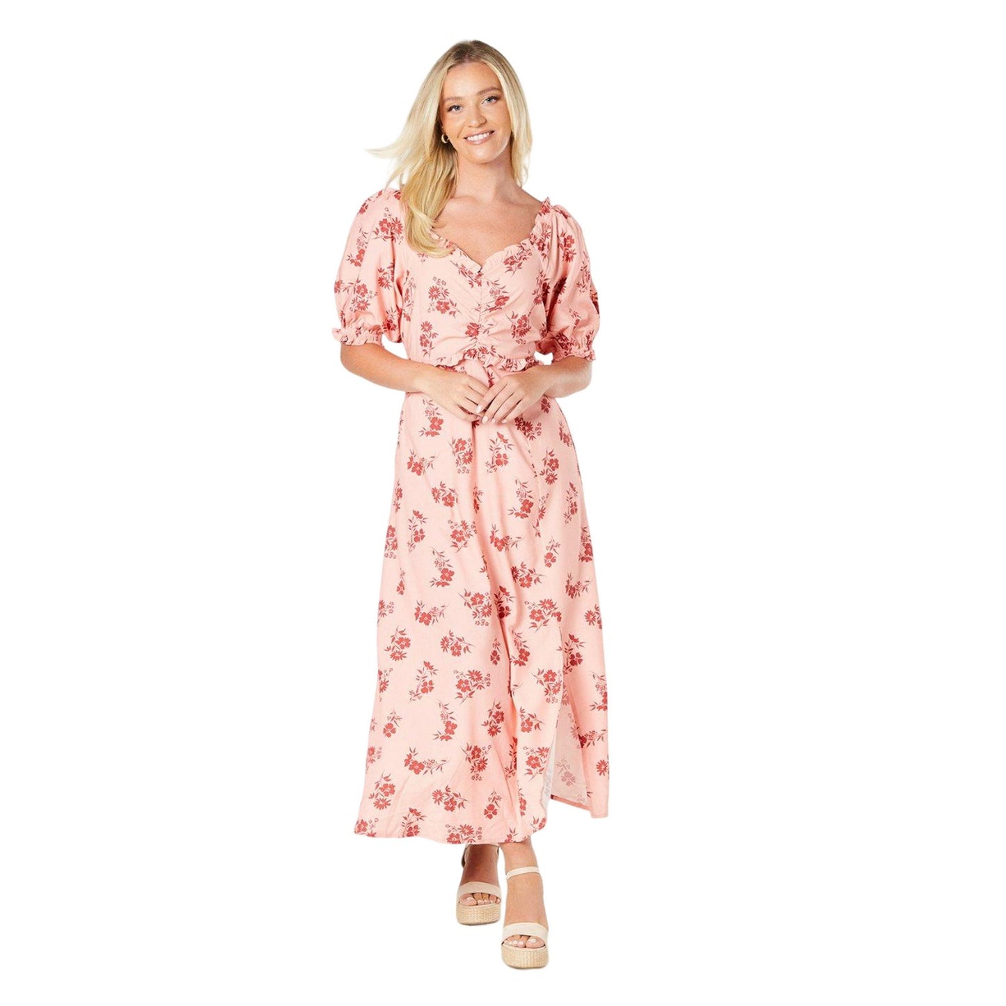 Pink - Front - Dorothy Perkins Womens-Ladies Floral Puff Sleeve Midi Dress