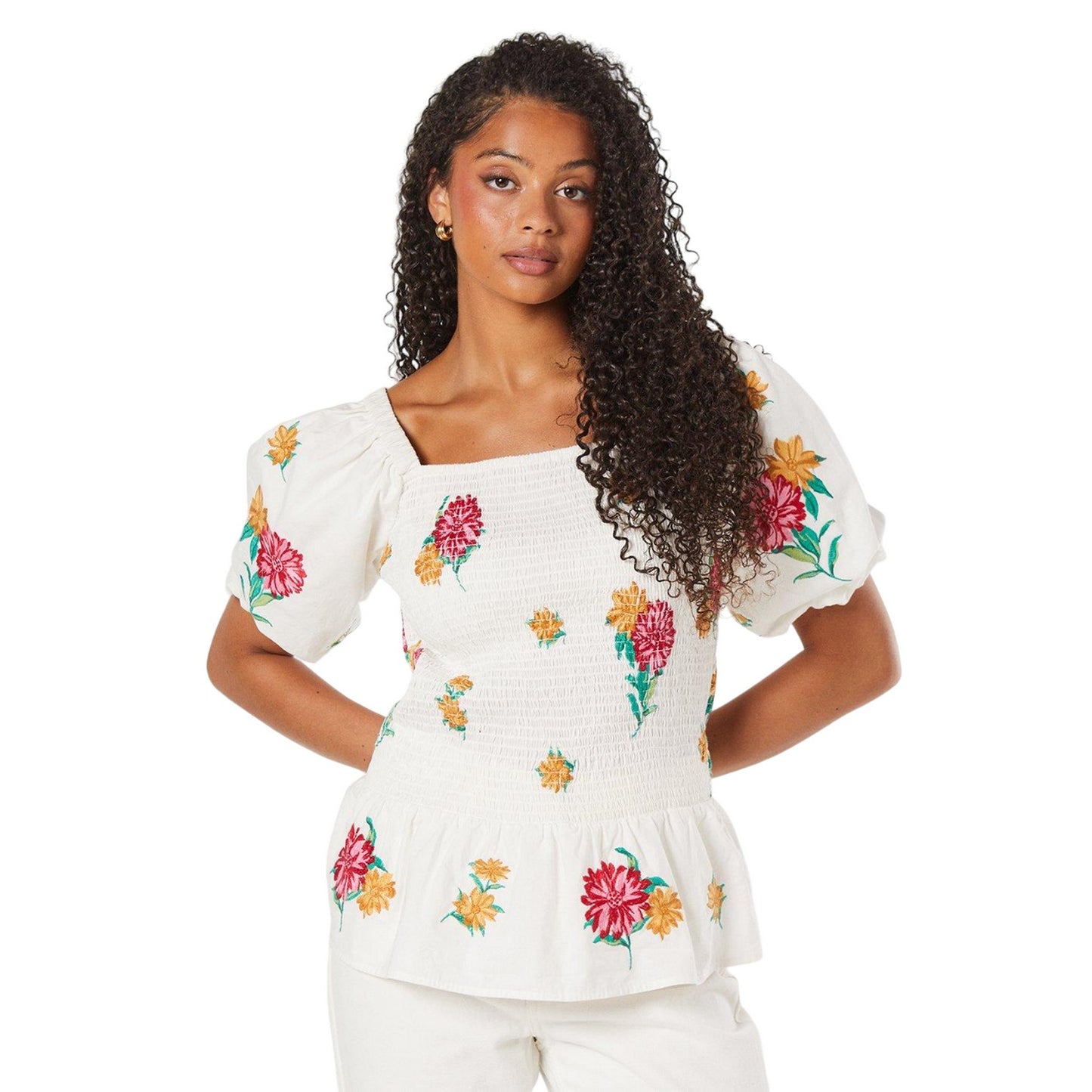 Ivory - Front - Dorothy Perkins Womens-Ladies Embroidered Shirred Bodice Tall Blouse