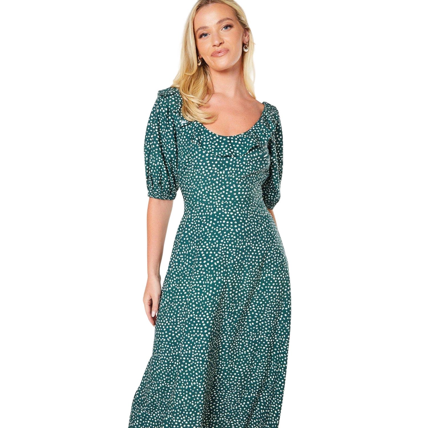 Green - Side - Dorothy Perkins Womens-Ladies Spotted Ruffle Neck Midi Dress