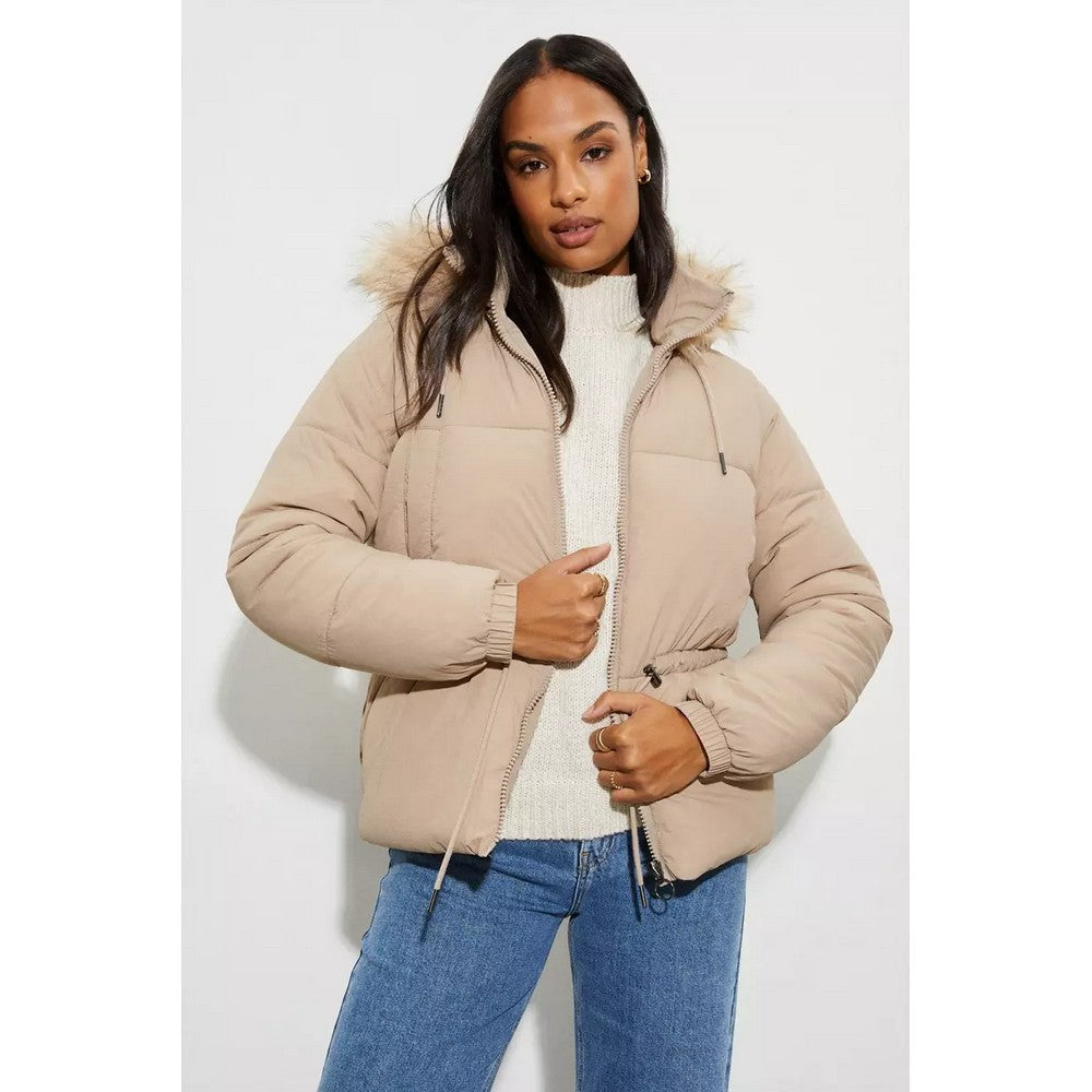 Camel - Side - Dorothy Perkins Womens-Ladies Faux Fur Hood Padded Jacket