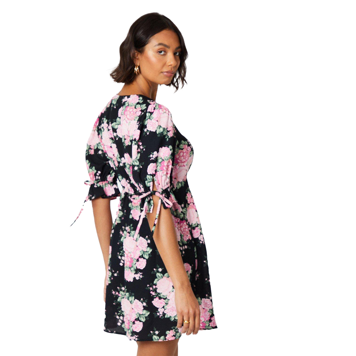 Black - Back - Dorothy Perkins Womens-Ladies Empire Floral Tie Sleeves Mini Dress