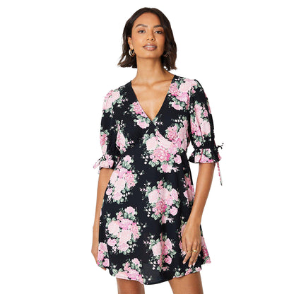Black - Front - Dorothy Perkins Womens-Ladies Empire Floral Tie Sleeves Mini Dress