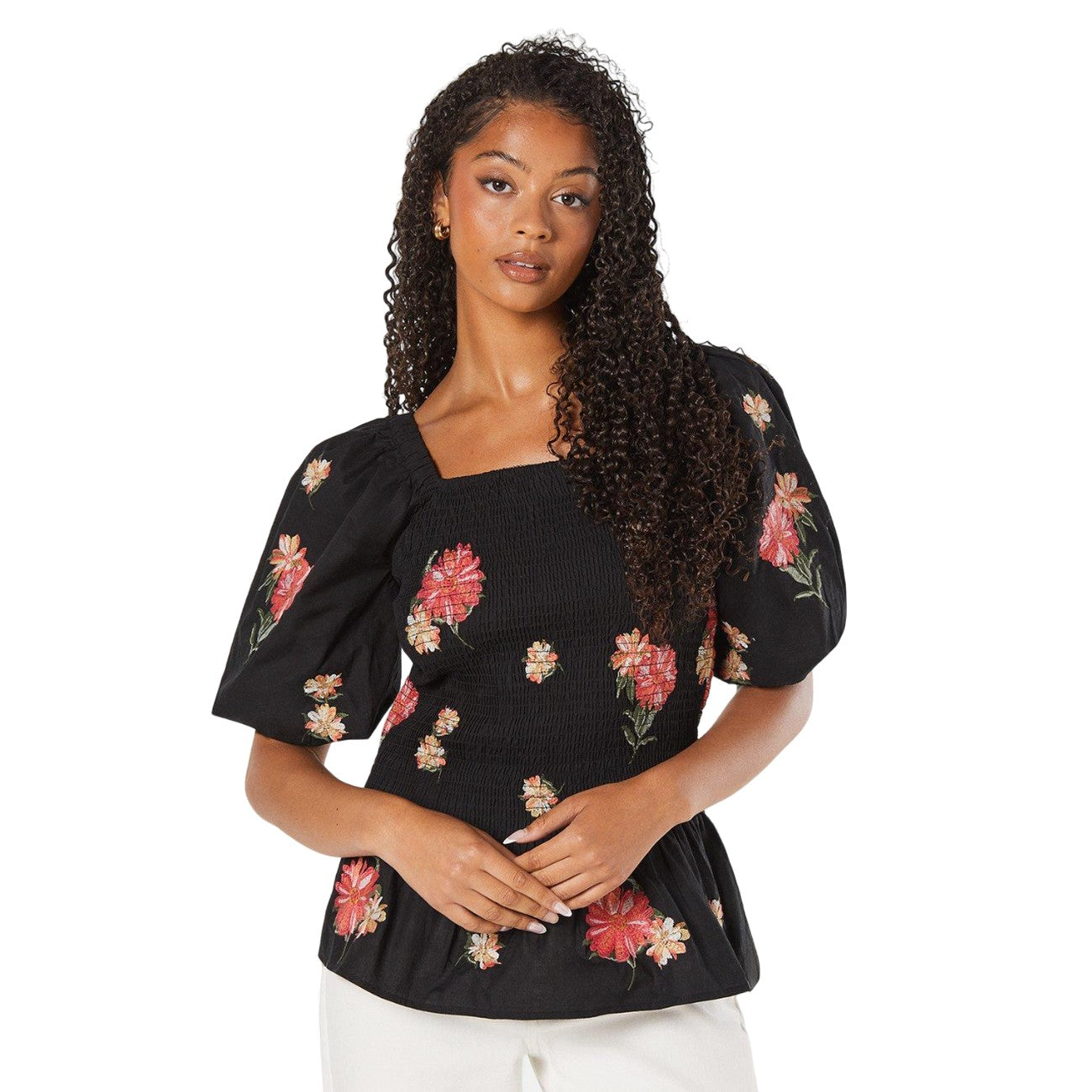 Black - Front - Dorothy Perkins Womens-Ladies Embroidered Shirred Bodice Tall Blouse
