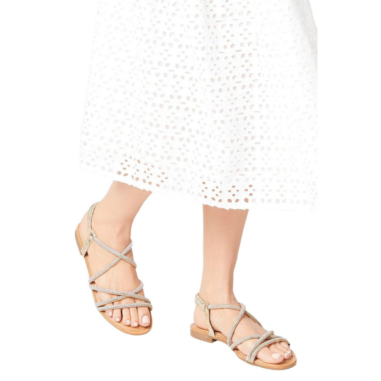 Gold - Side - Dorothy Perkins Womens-Ladies Finne Diamante Crossover Strap Flat Sandals