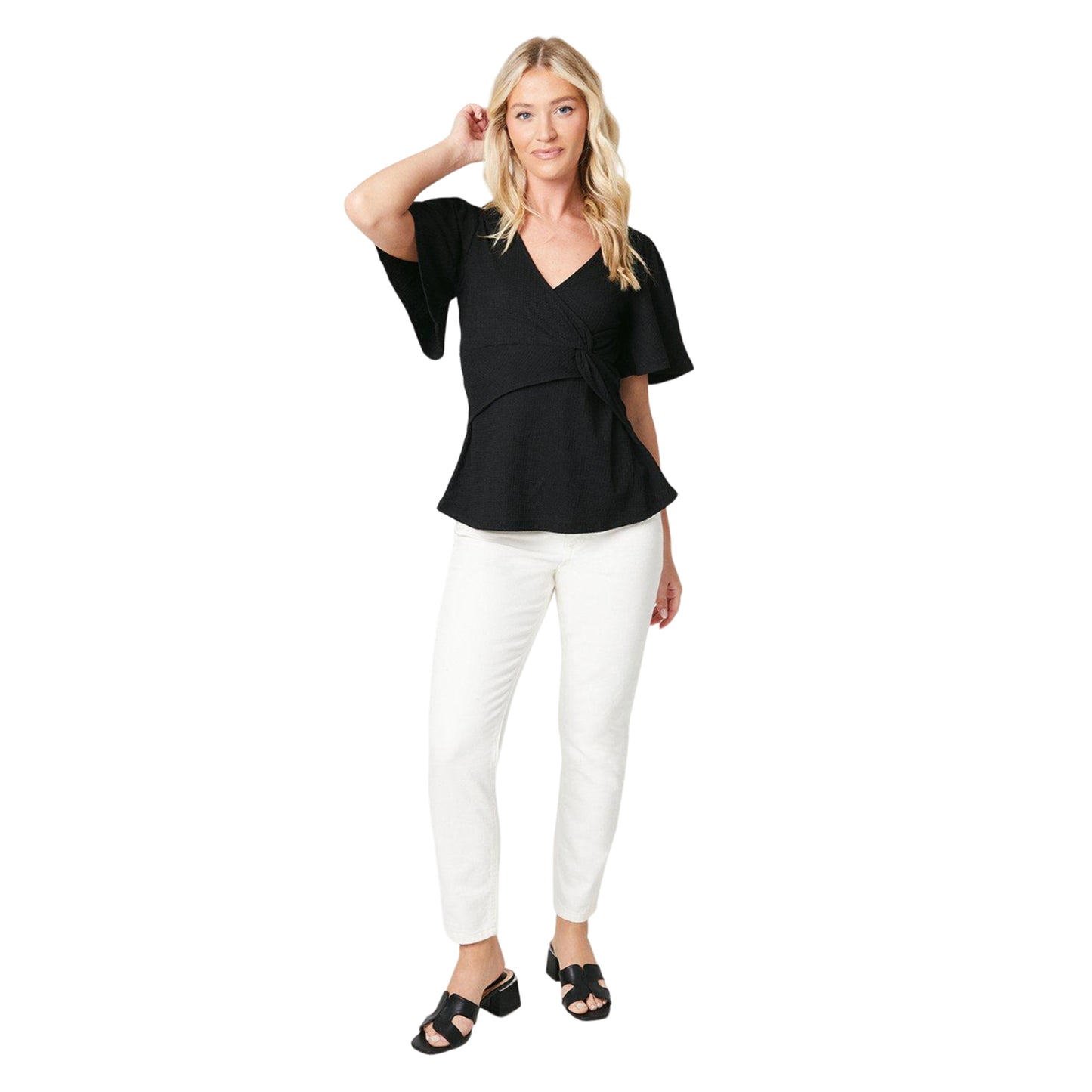 Black - Side - Dorothy Perkins Womens-Ladies Knotted Angel Sleeve Top