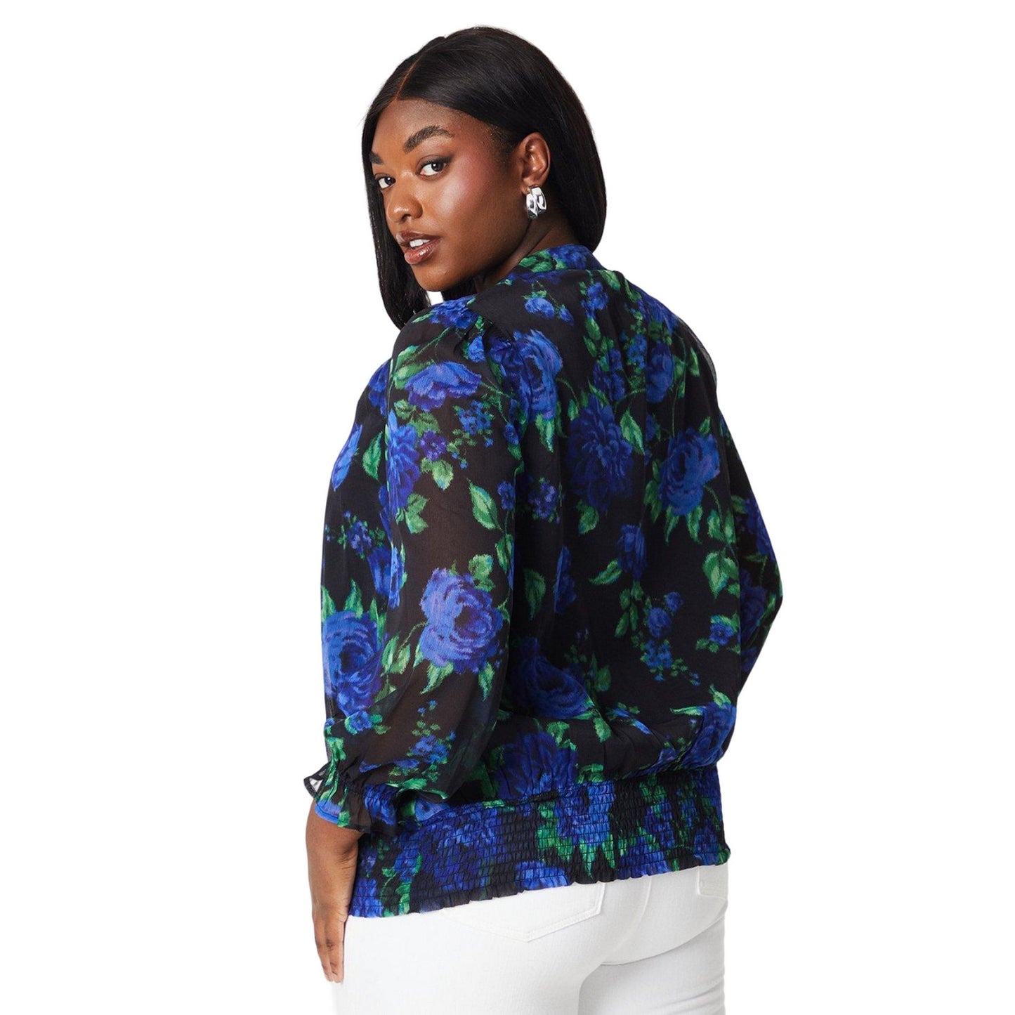 Black-Blue-Green - Back - Dorothy Perkins Womens-Ladies Floral Chiffon Shirred Hem Curved Top