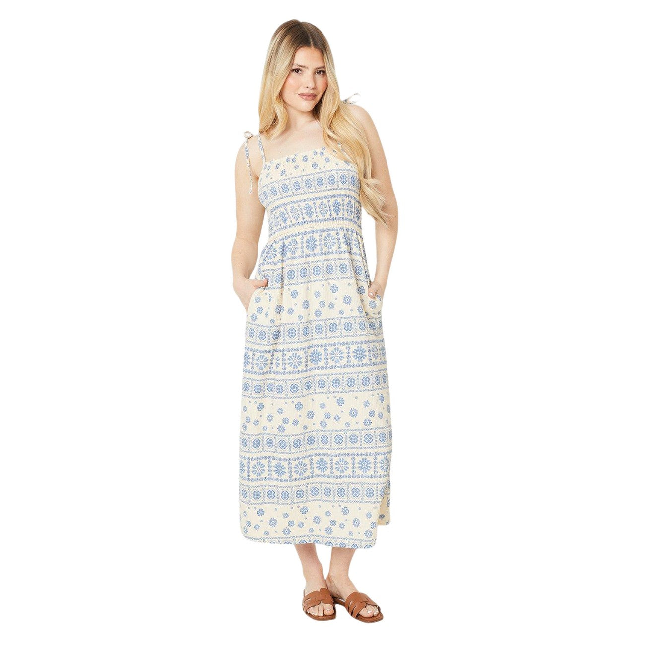 Ivory - Front - Dorothy Perkins Womens-Ladies Tile Print Strappy Midi Dress