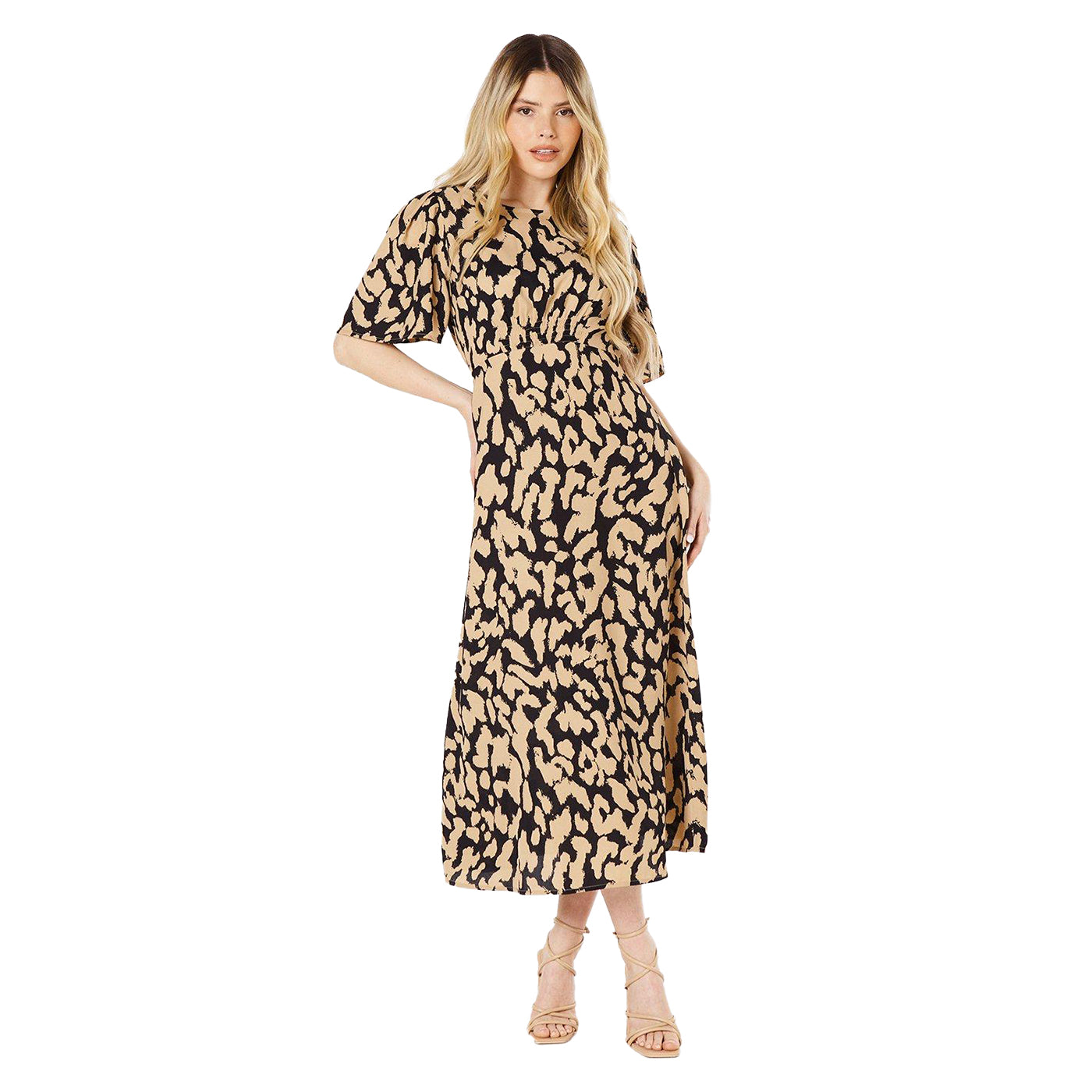 Brown-Black - Front - Dorothy Perkins Womens-Ladies Animal Print Angel Sleeve Midi Dress