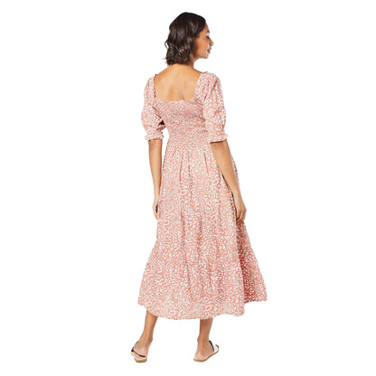 Rust - Back - Dorothy Perkins Womens-Ladies Tiered Shirred Bodice Puff Sleeve Midi Dress