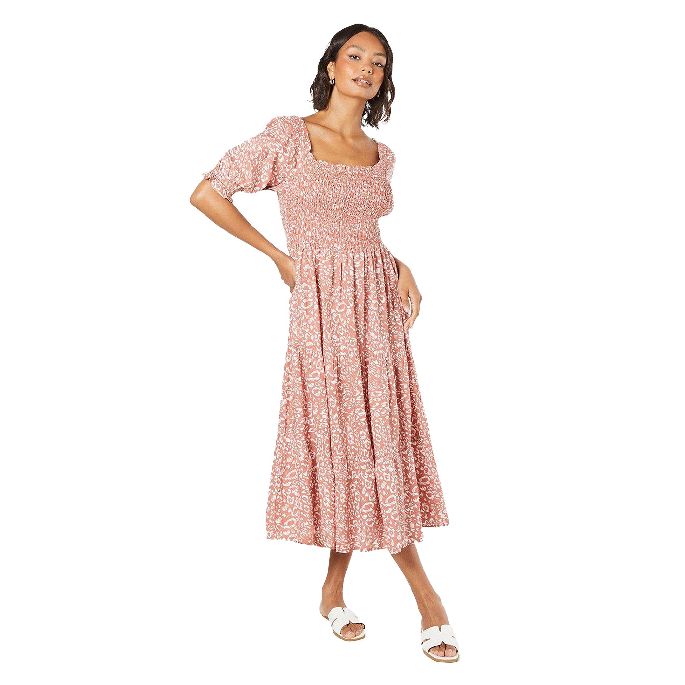 Rust - Front - Dorothy Perkins Womens-Ladies Tiered Shirred Bodice Puff Sleeve Midi Dress