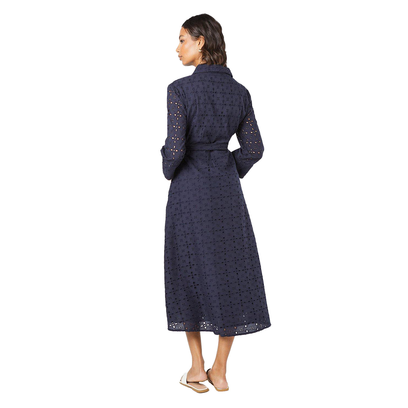Navy - Back - Dorothy Perkins Womens-Ladies Broderie Belt Midi Shirt Dress