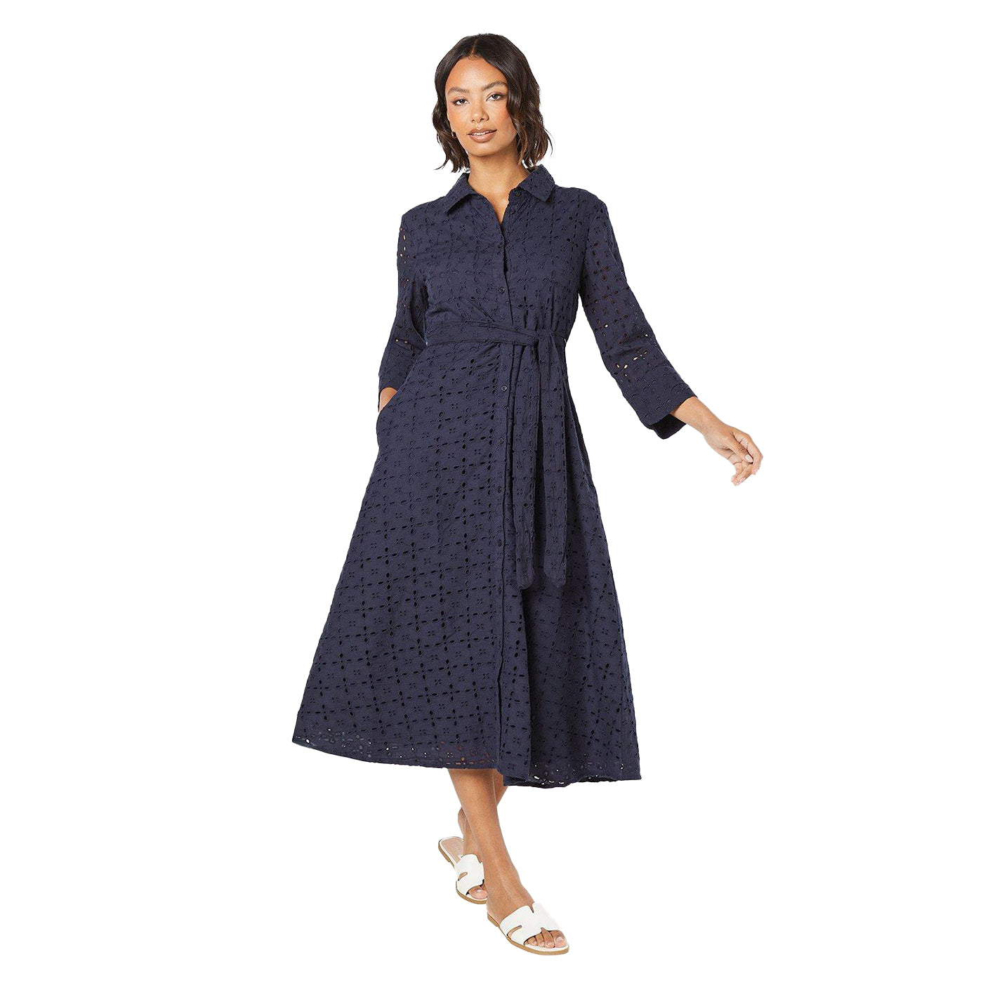 Navy - Front - Dorothy Perkins Womens-Ladies Broderie Belt Midi Shirt Dress