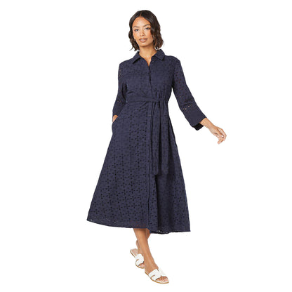 Navy - Front - Dorothy Perkins Womens-Ladies Broderie Belt Midi Shirt Dress