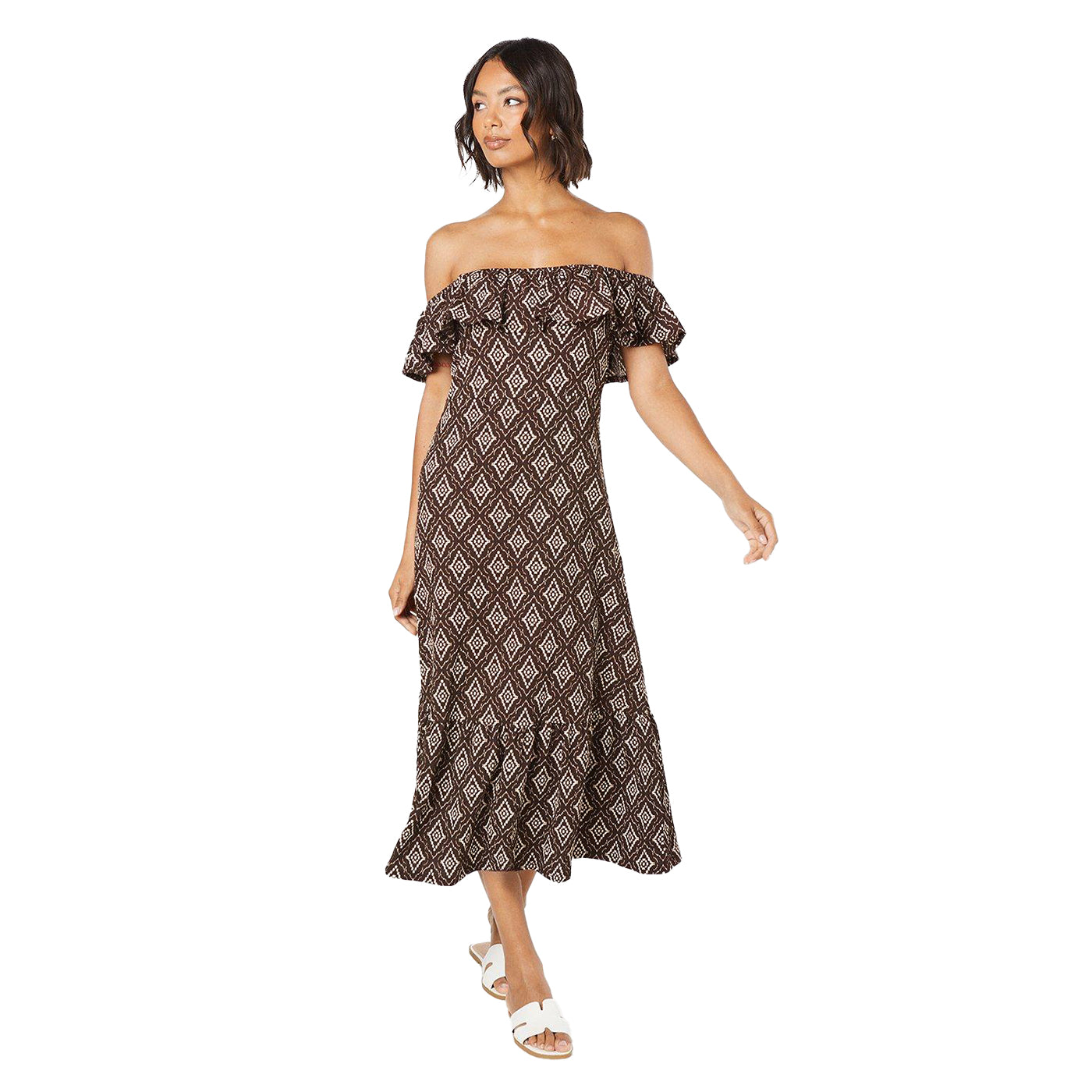 Monochrome - Front - Dorothy Perkins Womens-Ladies Tile Print Frill Detail Midi Dress