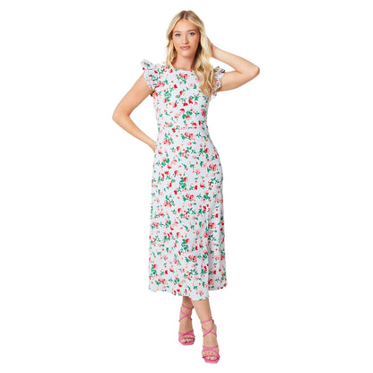 White-Red-Green - Front - Dorothy Perkins Womens-Ladies Floral Frill Midi Dress