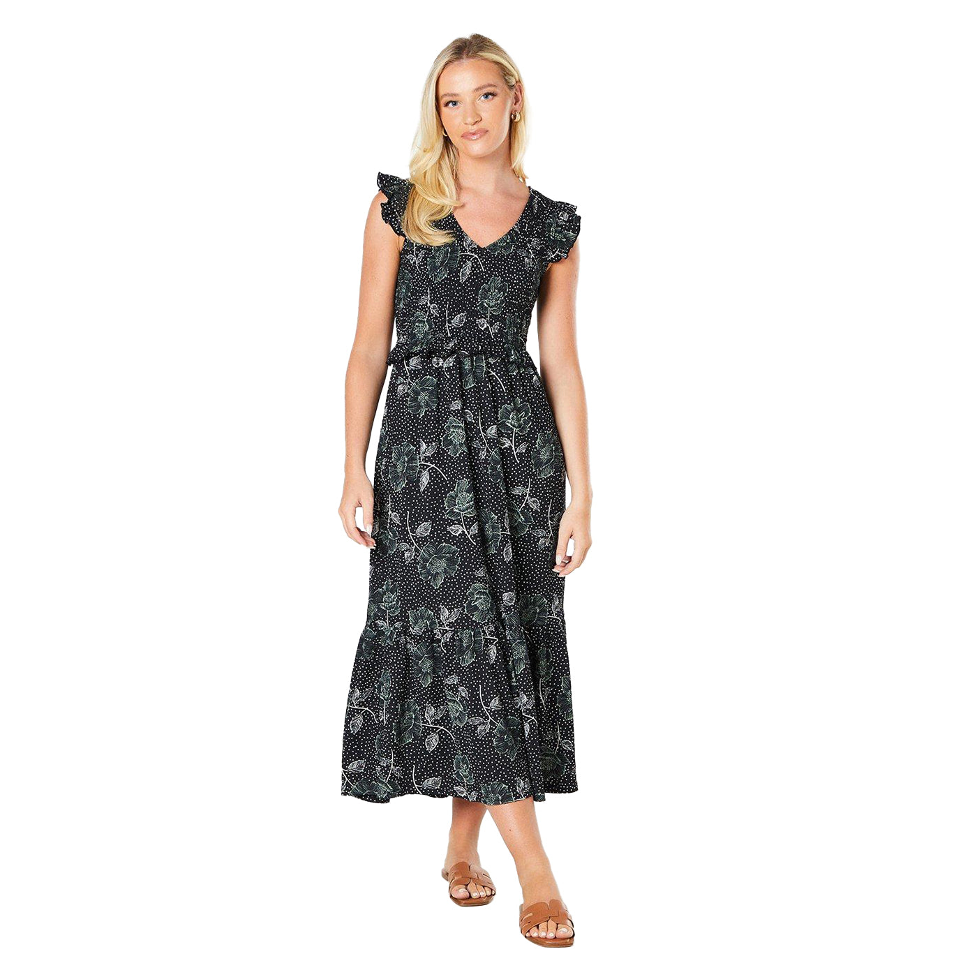Black-White - Front - Dorothy Perkins Womens-Ladies Floral Shirred Bodice Midi Dress
