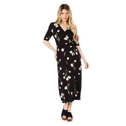 Black - Front - Dorothy Perkins Womens-Ladies Tulip V Neck Short-Sleeved Midi Dress