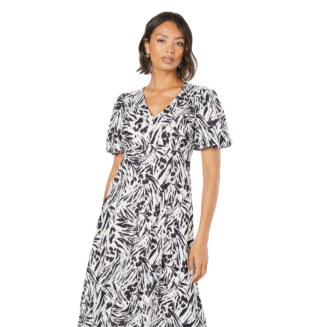 Ivory - Side - Dorothy Perkins Womens-Ladies Abstract V Neck Puff Sleeve Midi Dress