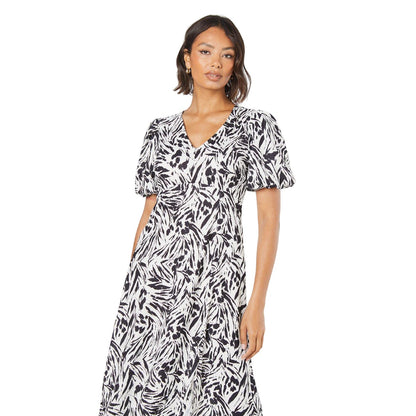 Ivory - Side - Dorothy Perkins Womens-Ladies Abstract V Neck Puff Sleeve Midi Dress