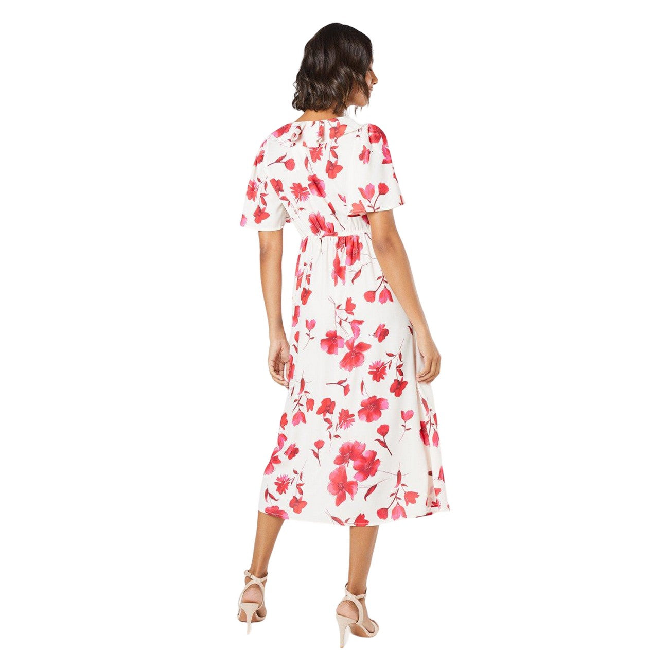 Ivory - Back - Dorothy Perkins Womens-Ladies Floral Frill Neck Angel Sleeve Midi Dress