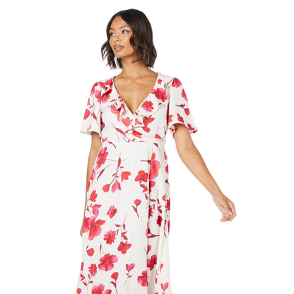 Ivory - Side - Dorothy Perkins Womens-Ladies Floral Frill Neck Angel Sleeve Midi Dress