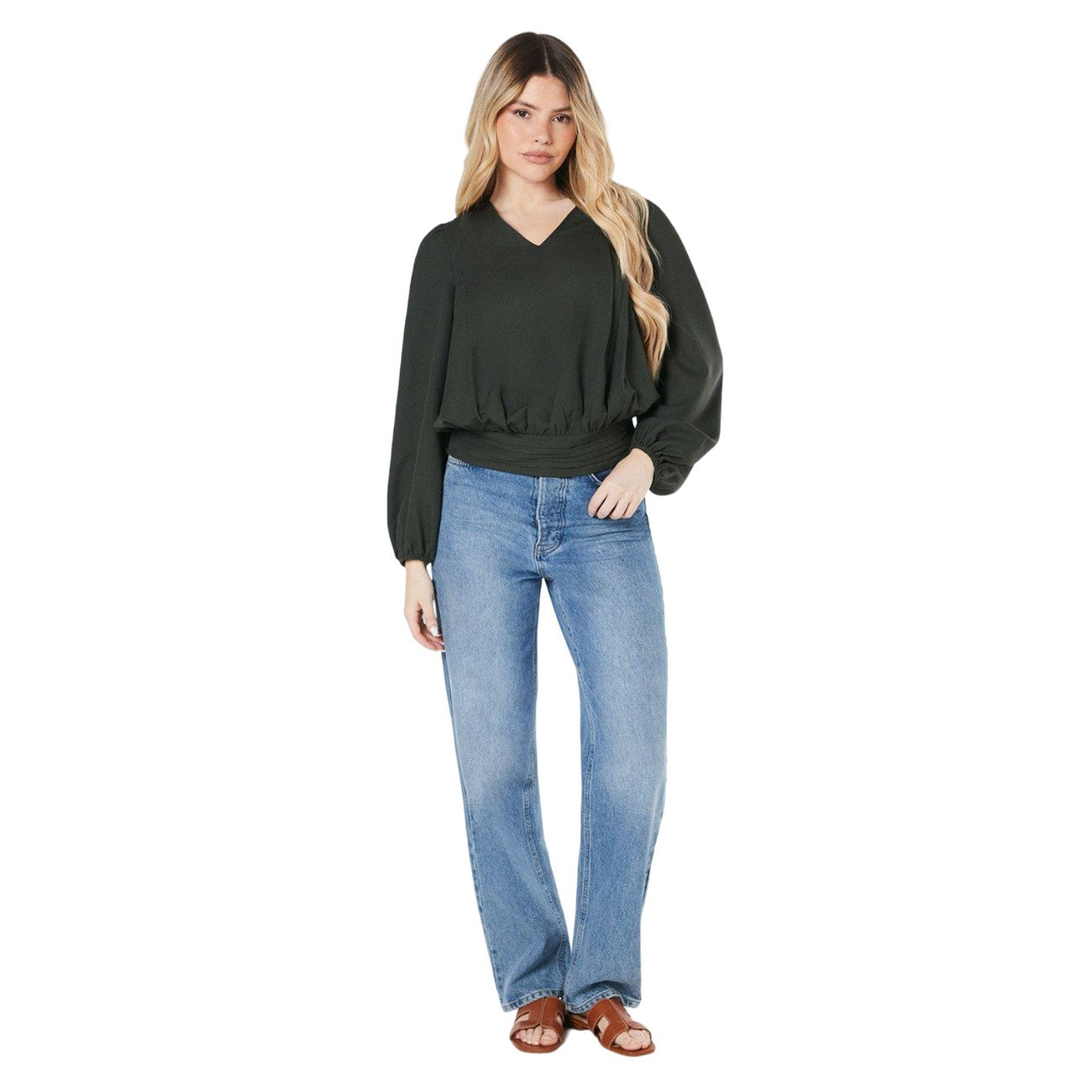 Khaki - Side - Dorothy Perkins Womens-Ladies Shirred V Neck Blouse