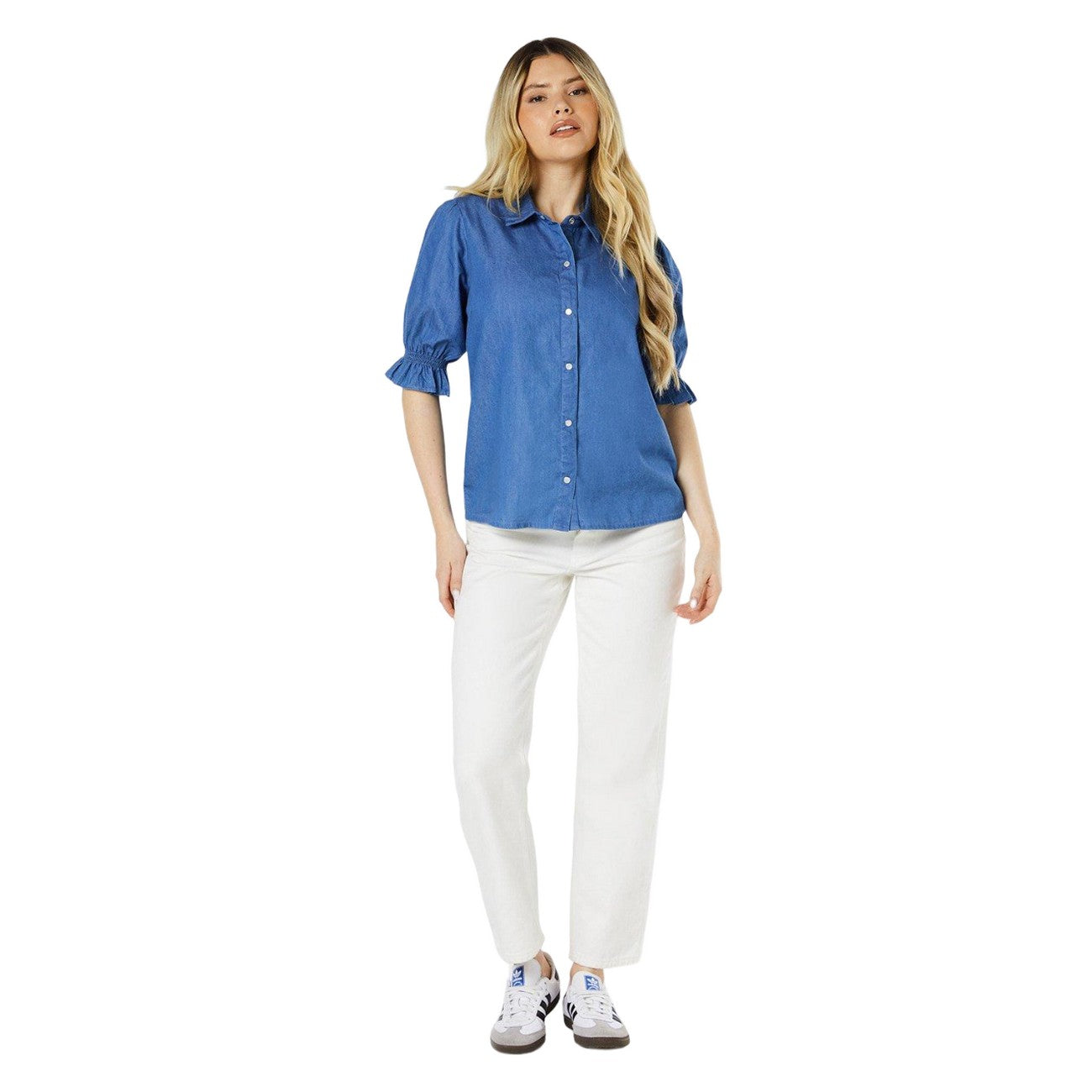 Blue - Side - Dorothy Perkins Womens-Ladies Shirred Cuff Short-Sleeved Shirt