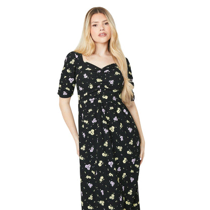 Black - Side - Dorothy Perkins Womens-Ladies Ditsy Floral Ruched Front Midi Dress