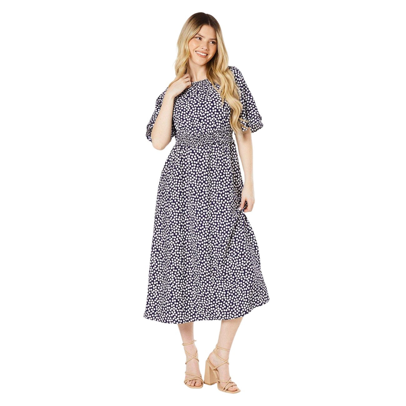 Navy - Front - Dorothy Perkins Womens-Ladies Spotted Shirred Waist Double Frill Midi Dress