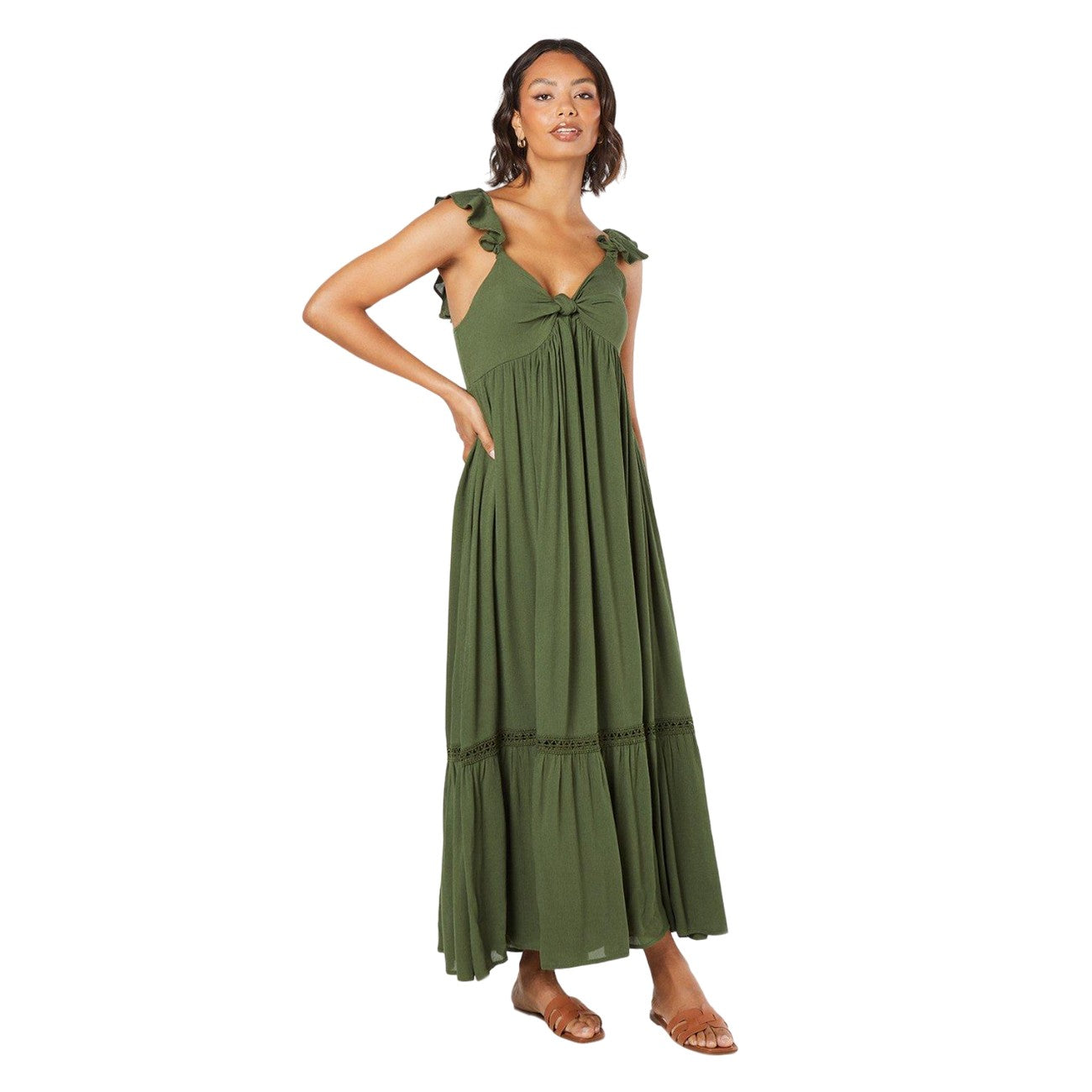 Khaki Green - Front - Dorothy Perkins Womens-Ladies Tiered Strappy Maxi Dress