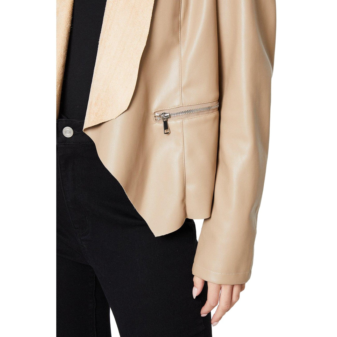 Taupe - Side - Dorothy Perkins Womens-Ladies Faux Leather Waterfall Collar Petite Jacket