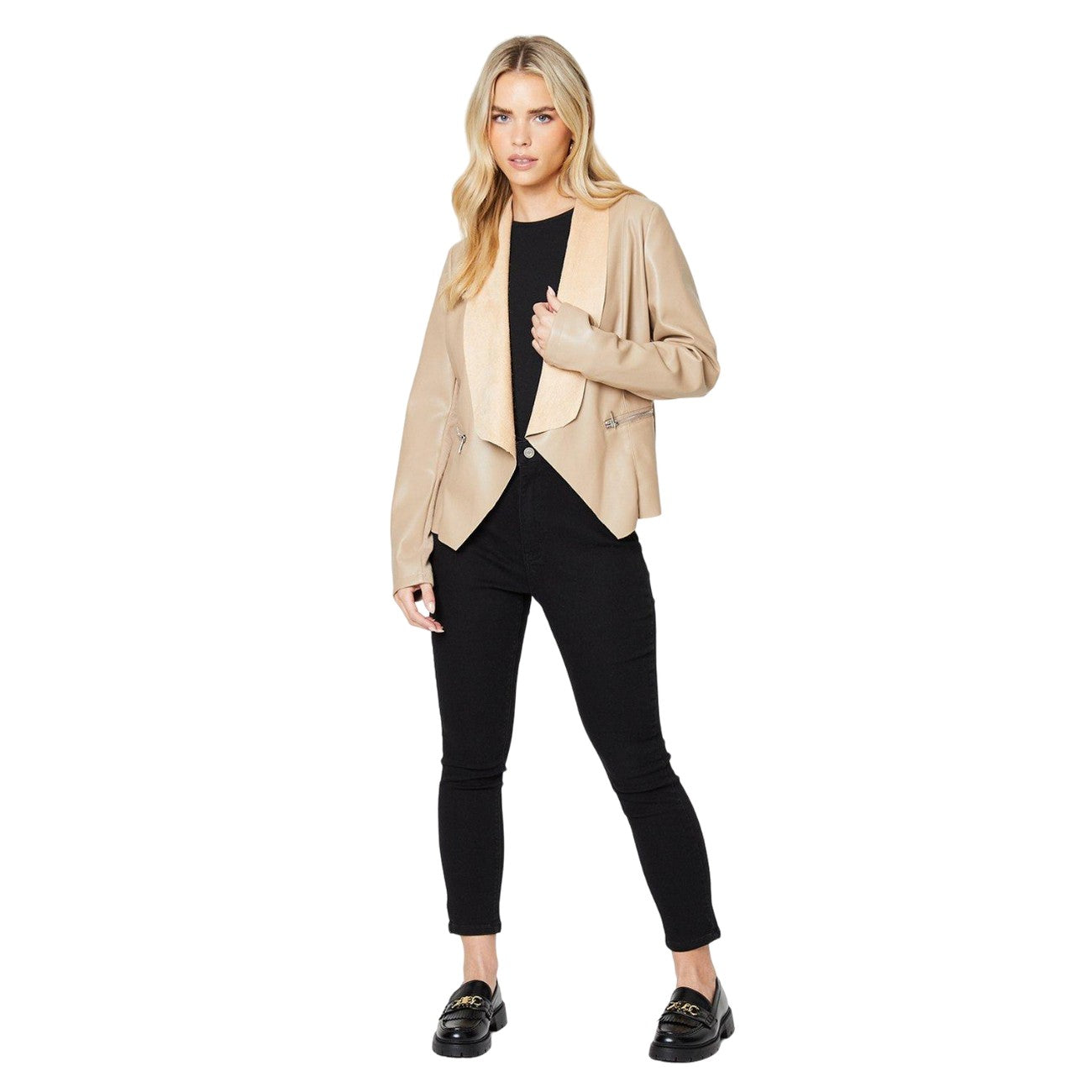 Taupe - Lifestyle - Dorothy Perkins Womens-Ladies Faux Leather Waterfall Collar Petite Jacket