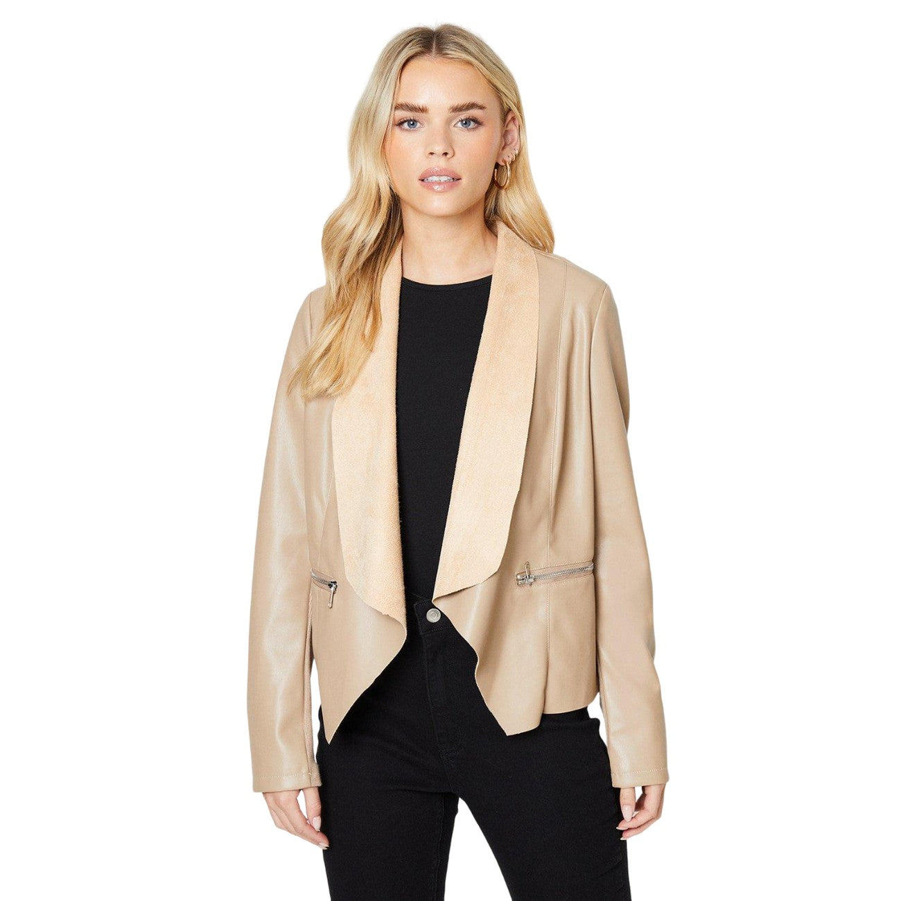 Taupe - Front - Dorothy Perkins Womens-Ladies Faux Leather Waterfall Collar Petite Jacket