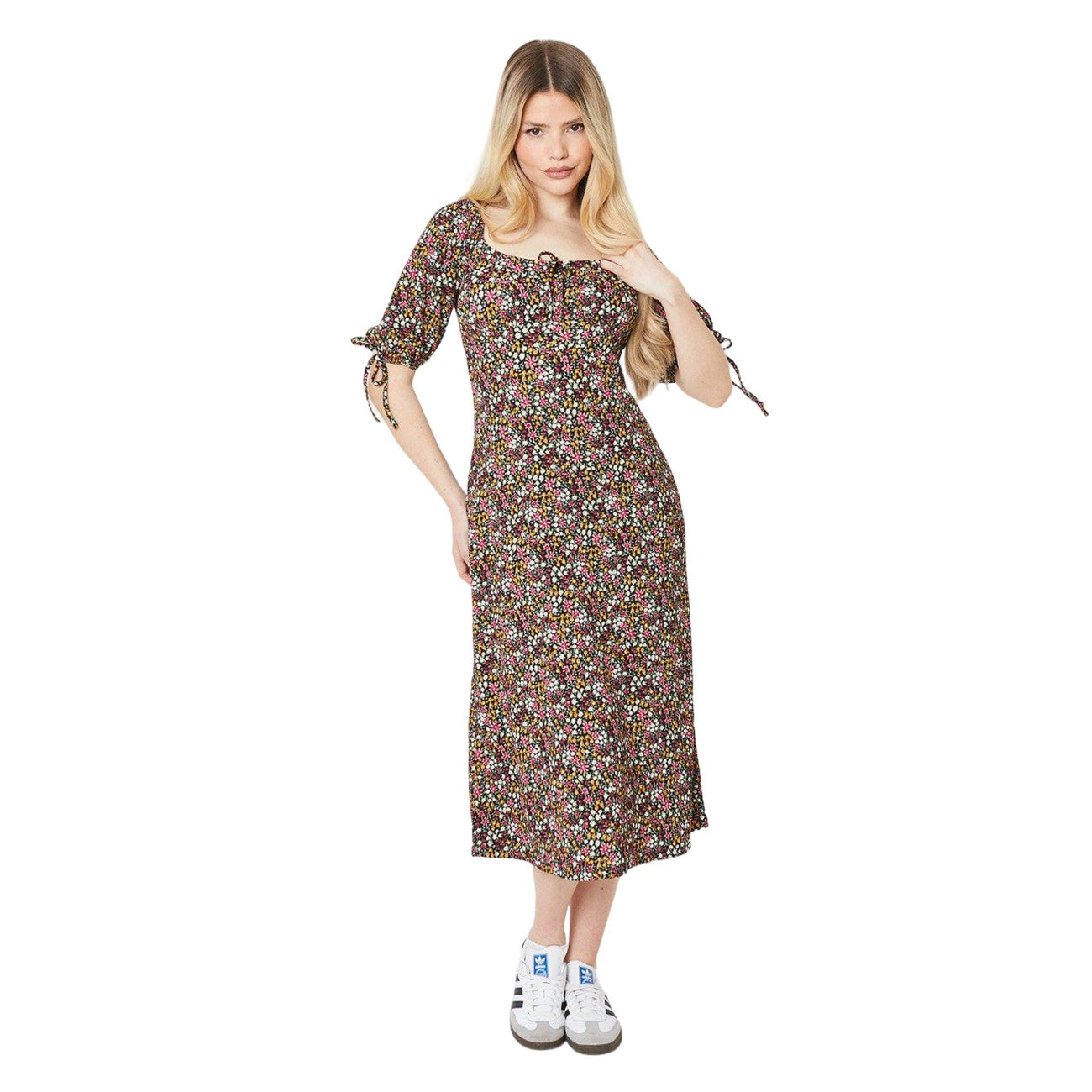 Multicoloured - Front - Dorothy Perkins Womens-Ladies Floral Tie Sleeves Midi Dress