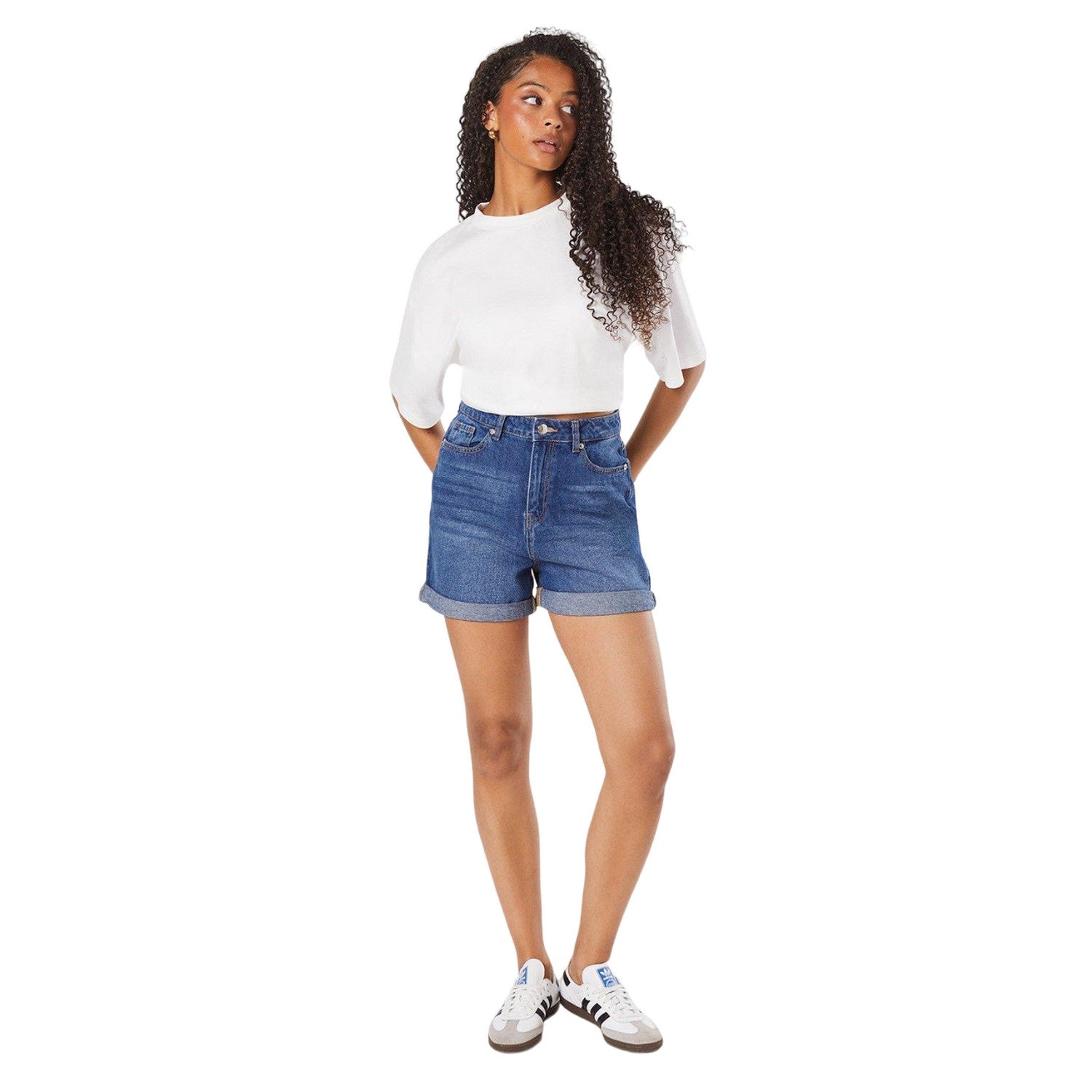 Mid Wash - Side - Dorothy Perkins Womens-Ladies Fold Up Tall Mom Shorts