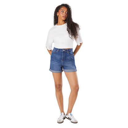 Mid Wash - Side - Dorothy Perkins Womens-Ladies Fold Up Tall Mom Shorts